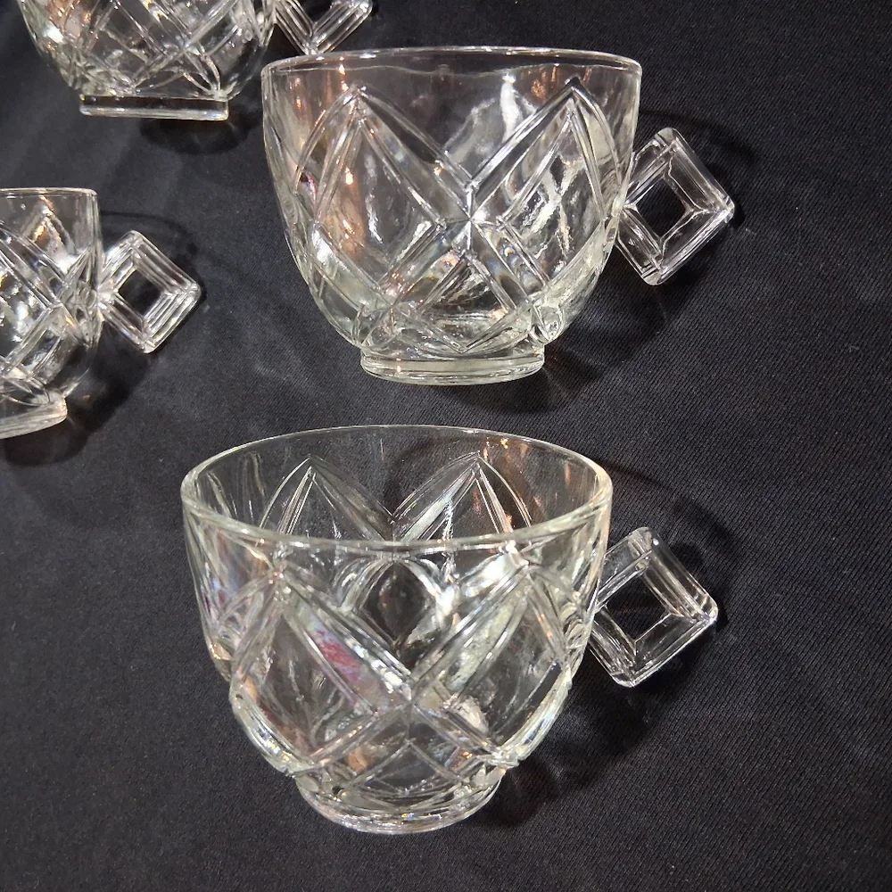 Vintage Colony Diamond Block Lattice Clear Glass Teacups Punch Pitman-Dreitzer